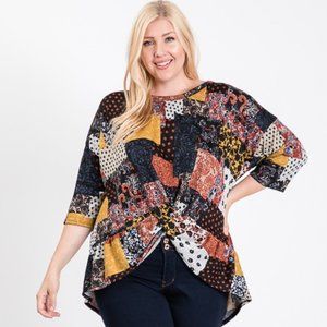 Plus Size Front Twist Patchwork 3/4 Sleeve Top